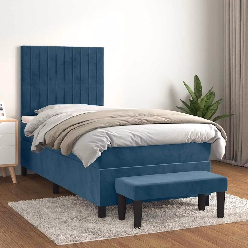 vidaXL Giroletto a Molle Ibrido con Materasso in Velluto Blu Scuro e Bianco, L/P/H: 100 x 200 x 45 cm – 1
