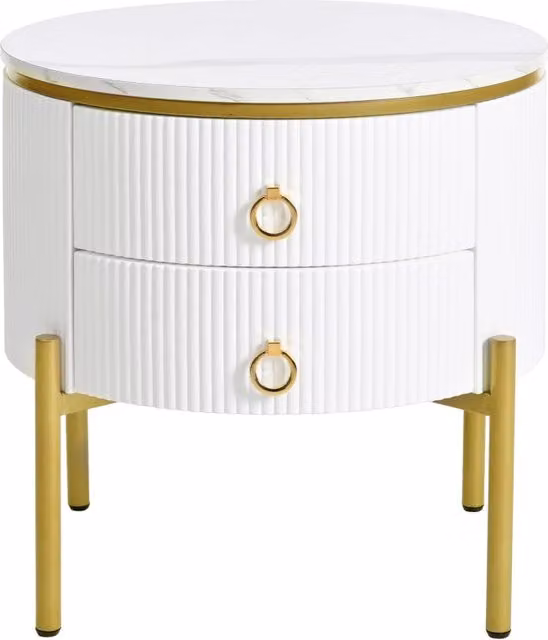 Tavolino con struttura in MDF bianco, superficie effetto marmo, gambe e maniglie dorate regolabili, 50x50x51 cm