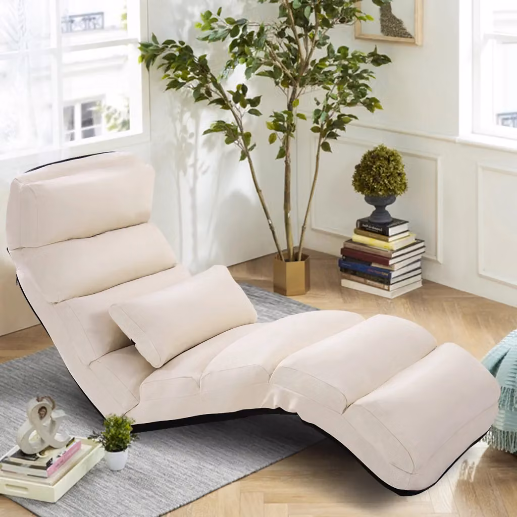 Poltrona pieghevole da terra regolabile in 5 posizioni con rivestimento in microfibra beige e struttura in metallo – 2
