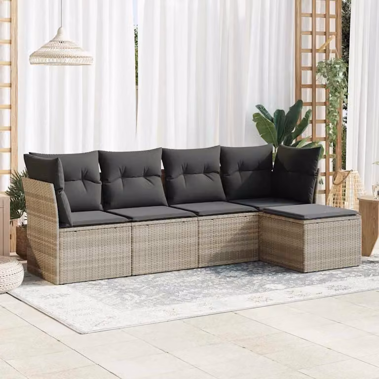 Set Divano da Giardino a L vidaXL in Polyrattan Grigio con 5 Cuscini e Ottoman