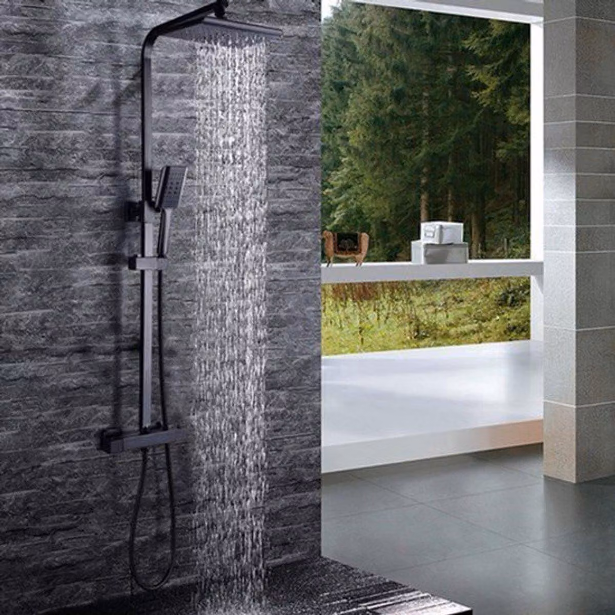 Set doccia multifunzione quadrato - Nero - Con termostato - Barra di scorrimento da 90-110 cm con doccetta manuale