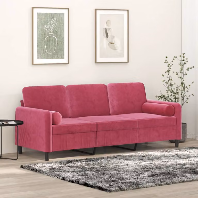 vidaXL Divano a 3 Posti Moderno in Velluto Rosso con Cuscini e Coperture Rimovibili