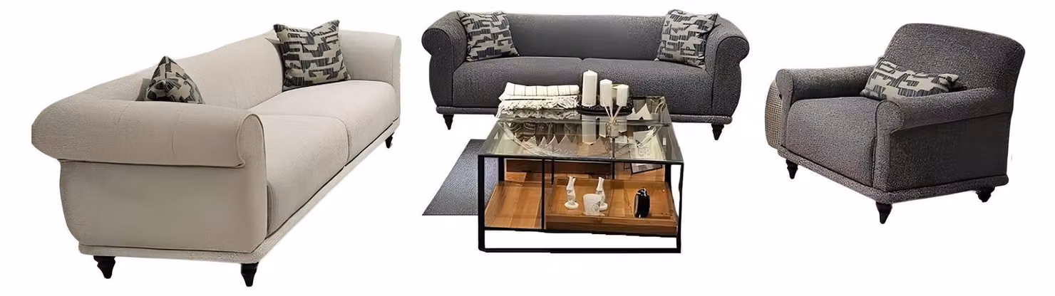 Dreiteiliges Wohnzimmer-Set 2x 3-Sitzer + Sessel in Grau.