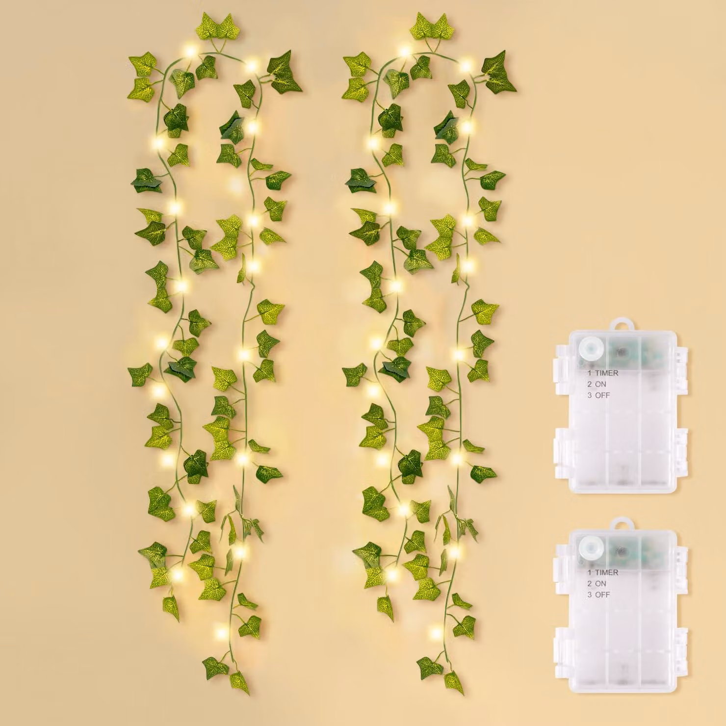 Catena luminosa artificiale a forma di edera, 2x2 metri, 20 LED bianco caldo, grado di protezione IP44, con timer
