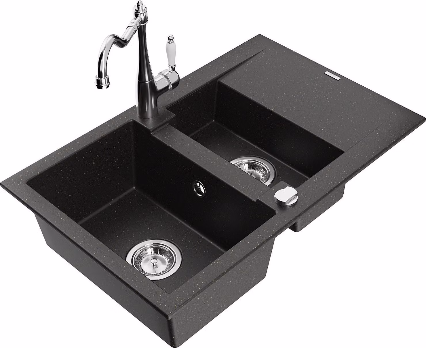 Mexen Gaspar lavello in granito 1,5 vasca con scolapiatti e rubinetto da cucina Carla, nero/oro metallico - 6507-75-670700-00