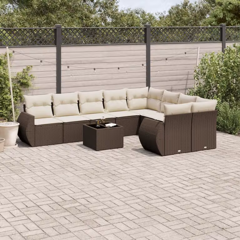 Set di divani da giardino vidaXL 10 pezzi con cuscini in polyrattan e tavolino da caffè marrone