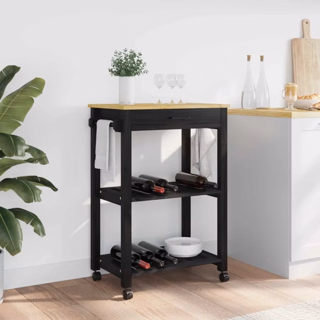Carrello da cucina moderno MONZA nero con ripiani in legno di pino e ruote L/P/H: 60 x 40 x 88,5 cm – 2