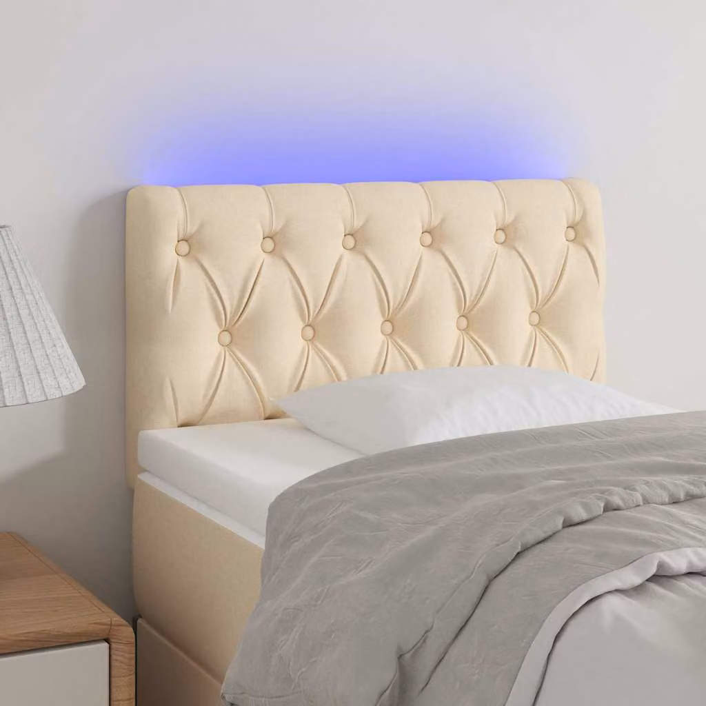 Testiera per letto vidaXL in tessuto beige con illuminazione LED e porta USB, L: 80 cm, P: 7 cm, H: 78-88 cm