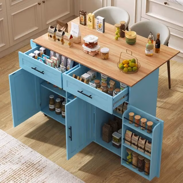 Carrello da cucina multifunzione 129x46x91;5 cm in MDF blu con piano allungabile