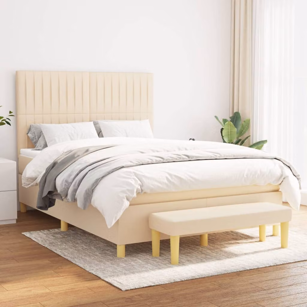 vidaXL Letto Ibrido con Giroletto a Molle e Materasso in Tessuto Beige e Bianco, L/P/H: 140 x 190 x 128 cm