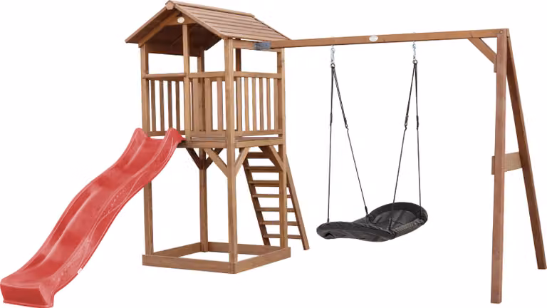 AXI Beach Tower parco giochi in legno in marrone | Torre di gioco per bambini con sabbiera, altalena a nido e scivolo rosso| Casa per bambini su palafitte per il giardino