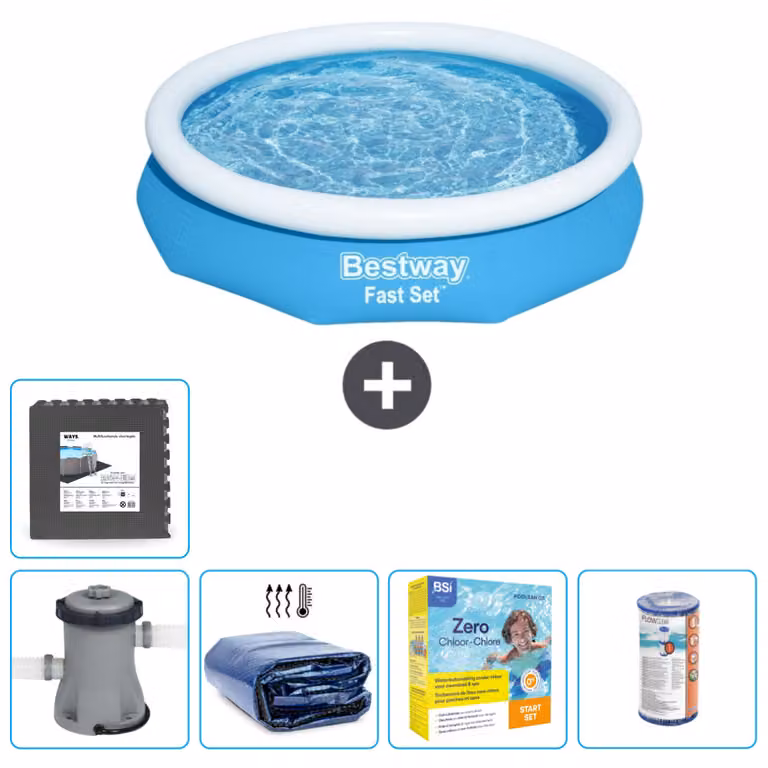 Piscina gonfiabile rotonda Bestway ad ambientazione rapida - 305 x 66 cm - blu - inclusa pompa tenda - pacchetto manutenzione - filtro - pavimento in piastrelle