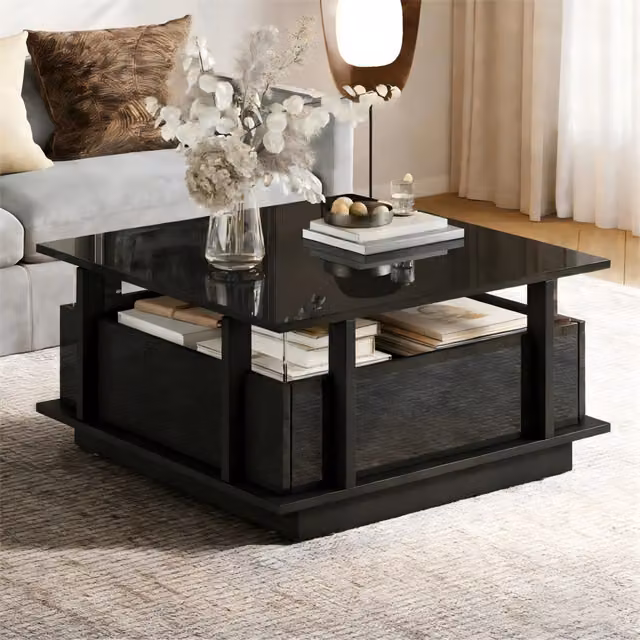 Tavolino da salotto quadrato con LED; 2 cassetti e divisori in acrilico; 70 x 70 x 35 cm nero lucido