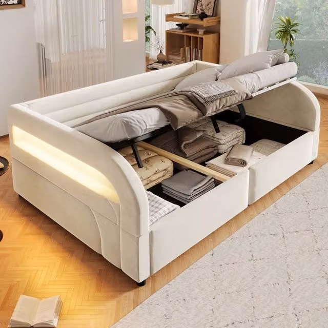 Letto imbottito contenitore con LED ¨C Minimal ¨C Bianco 140x200 cm