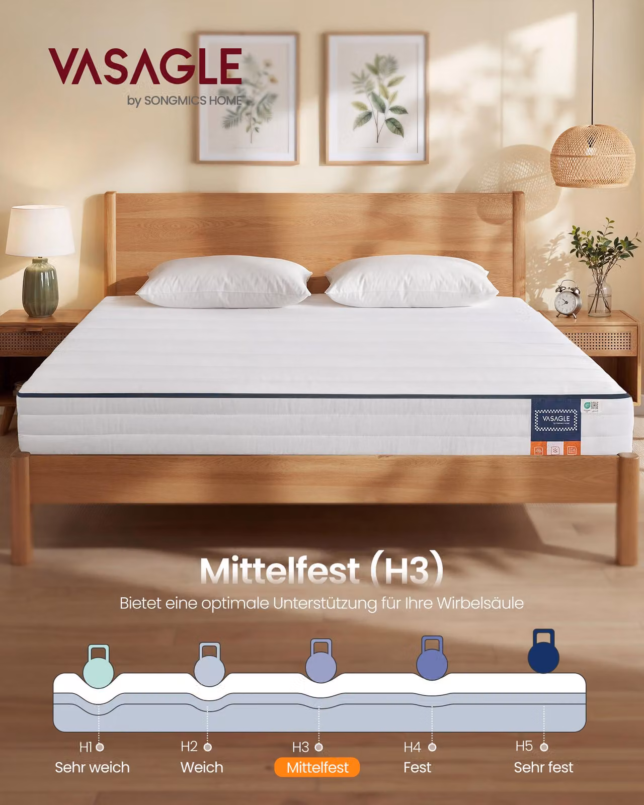 Materasso VASAGLE 160 x 200 x 16 cm, schiuma memory gel, 7 zone, rigidità media, rivestimento sfoderabile, traspirante, bianco
