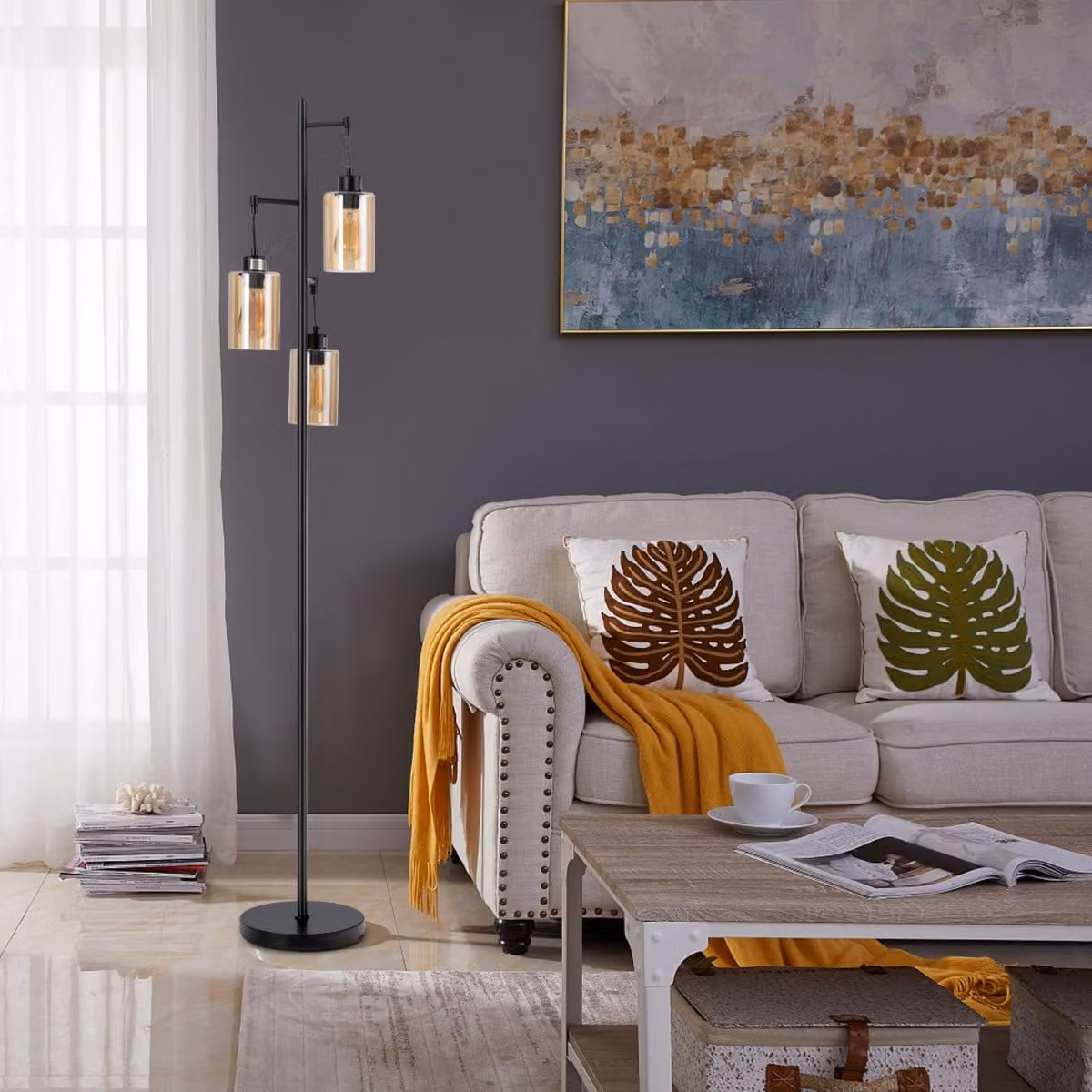 Costway Lampada da terra retrò con 3 teste sospese e paralumi in vetro ambrato, ideale per soggiorno e camera da letto, colore nero
