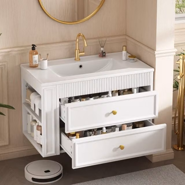 Mobile bagno sospeso da 81 cm con 2 cassetti e vano laterale; in MDF bianco lucido con lavabo in ceramica