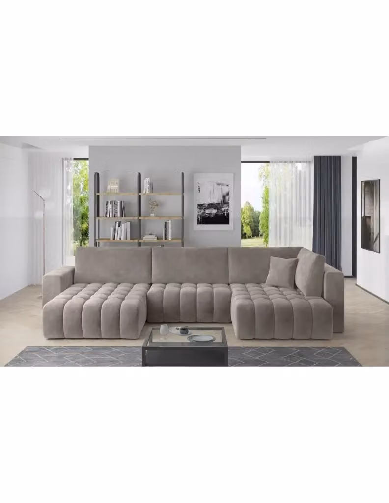 Divano ad angolo convertibile BONITA MEUBLORAMA beige effetto tessuto, 6 posti con funzione letto e poggiatesta regolabile, lato sinistro - L/P/H: 350 x 175 x 92 cm – 2