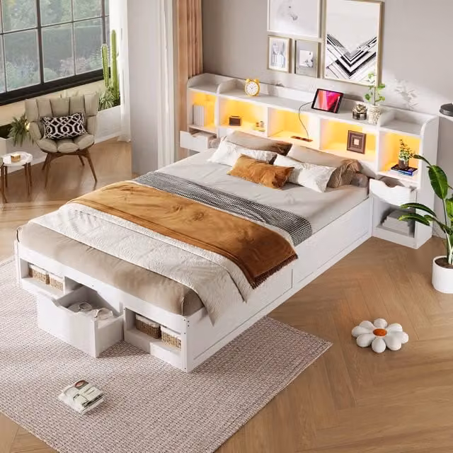 Letto con cassetti 140 × 200 cm con testiera e pediera contenitive; LED a 7 colori; USB; MDF e compensato bianco