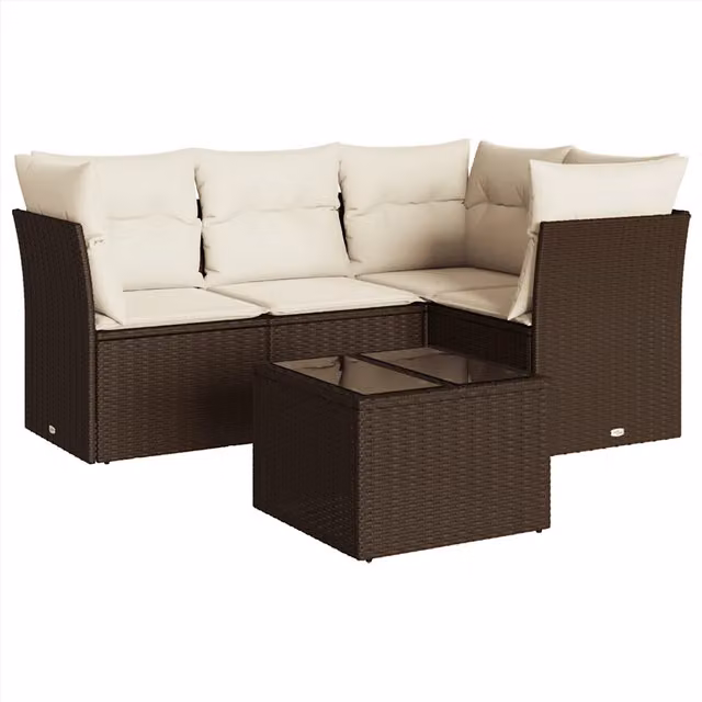 Set Divano da Giardino 5 pz | Set Salotto da Giardino con Cuscini Marrone in Polyrattan