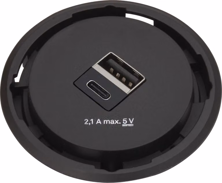 Caricatore USB Evoline One a 2 vie tipo A+C, presa integrata ø 59 mm, KS nero