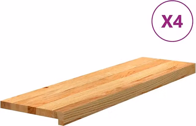 Set di 4 tappetini autoadesivi per scale in legno massello di rovere, colore marrone chiaro, L: 90 cm, P: 25 cm, H: 2 cm