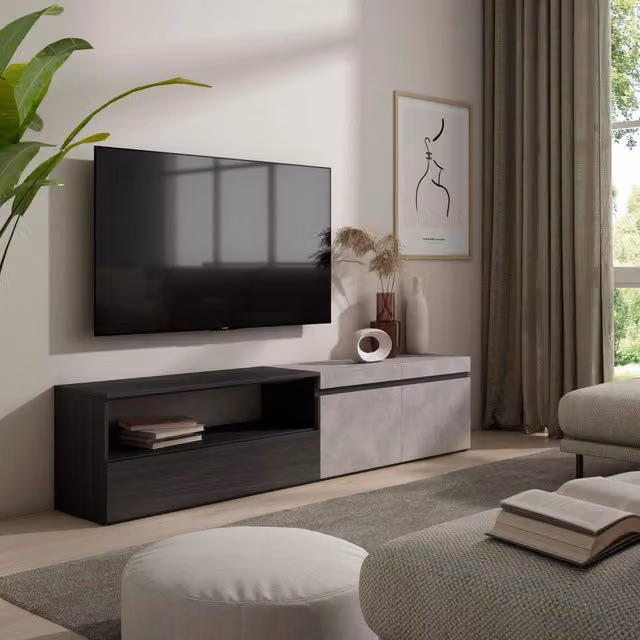 Mobile TV, 200x35x45cm, soggiorno, Per TV fino a 80", Mobile Soggiorno, grigio cemento RF2232