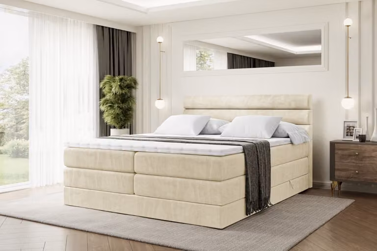 Letto boxspring ALTDECOR con 2 materassi e topper - 200x200 cm - CELESTIA KING - Velluto beige - Letto imbottito con materassi H3 e H4, contenitore e rete a doghe, letto con spazio contenitivo