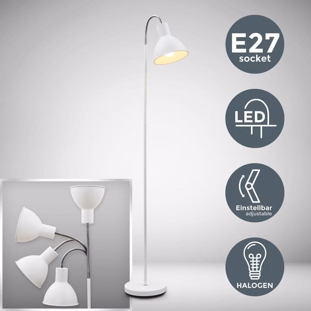 Lampada da terra, piantana elegante con paralume orientabile, altezza 1.450mm, adatta per 1 lampadina E27 non inclusa, interruttore a pedale, lampada a stelo vintage industriale, bianca, retrò, IP20
