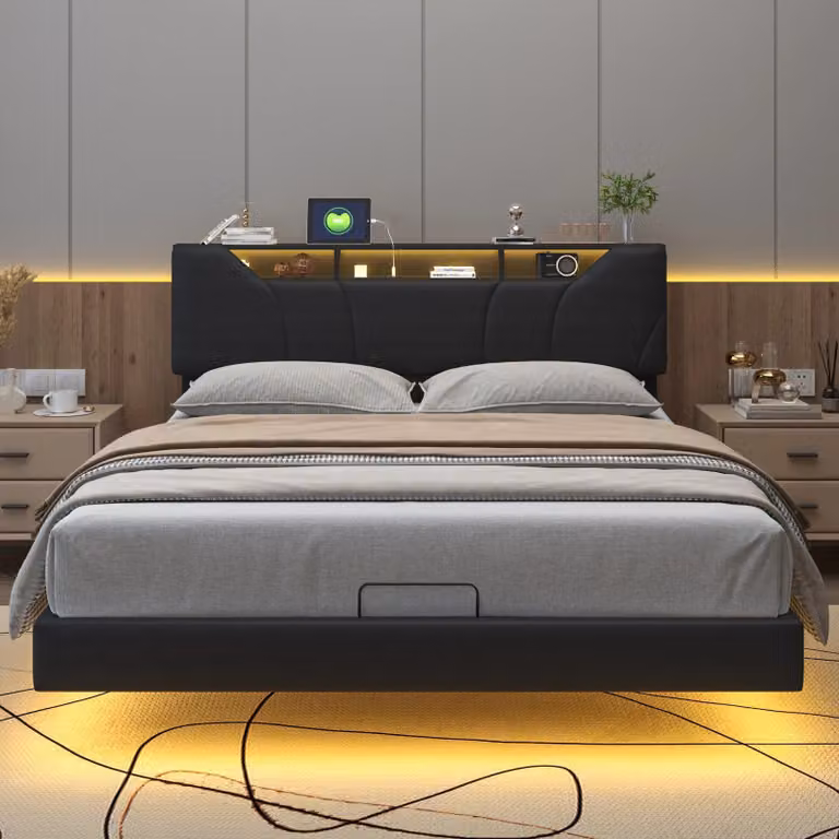 Letto matrimoniale - Letto moderno - Letto contenitore - Letto con box - Letto rivestito in ecopelle - Colore nero - Dimensioni 160x200 cm - Con illuminazione a LED