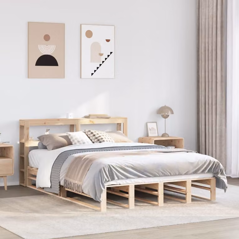 vidaXL Letto in Legno Massello di Pino Marrone con Testiera e Ripiani Laterali L/P/H: 219 x 146 x 82 cm