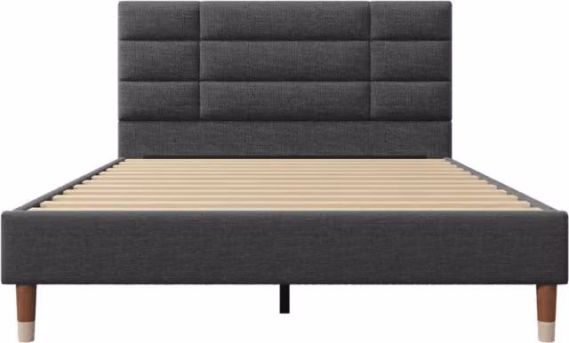 Letto matrimoniale imbottito 140x200 cm con contenitore e rete, struttura in lino grigio con testiera alta