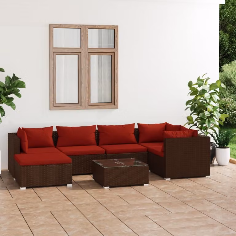 The Living Store Set da salotto da giardino 7 pezzi con cuscini in poly rattan marrone