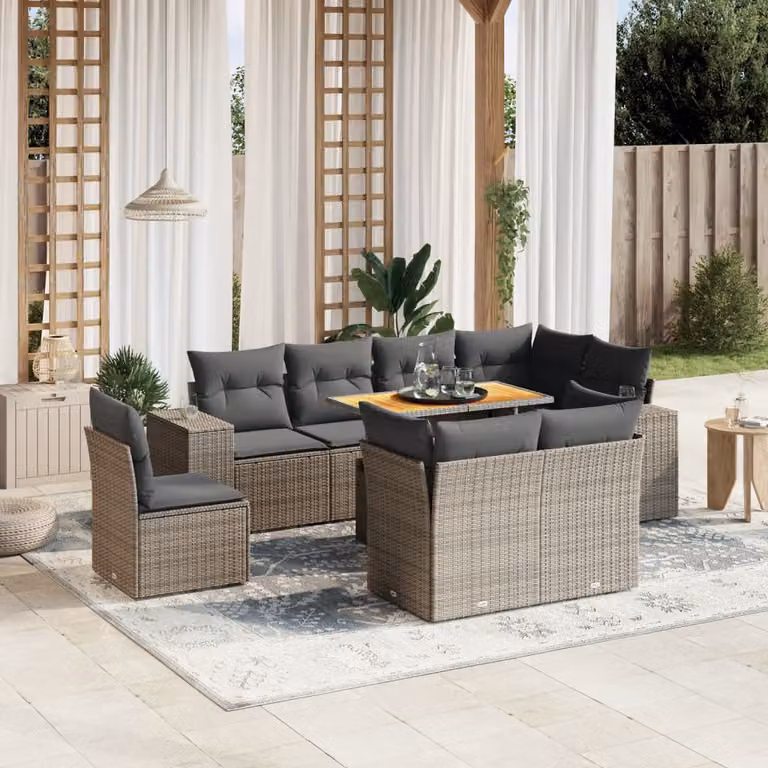 vidaXL Set Divano da Giardino a L 9 pz in Polyrattan Grigio con Cuscini e Tavolino da Esterno