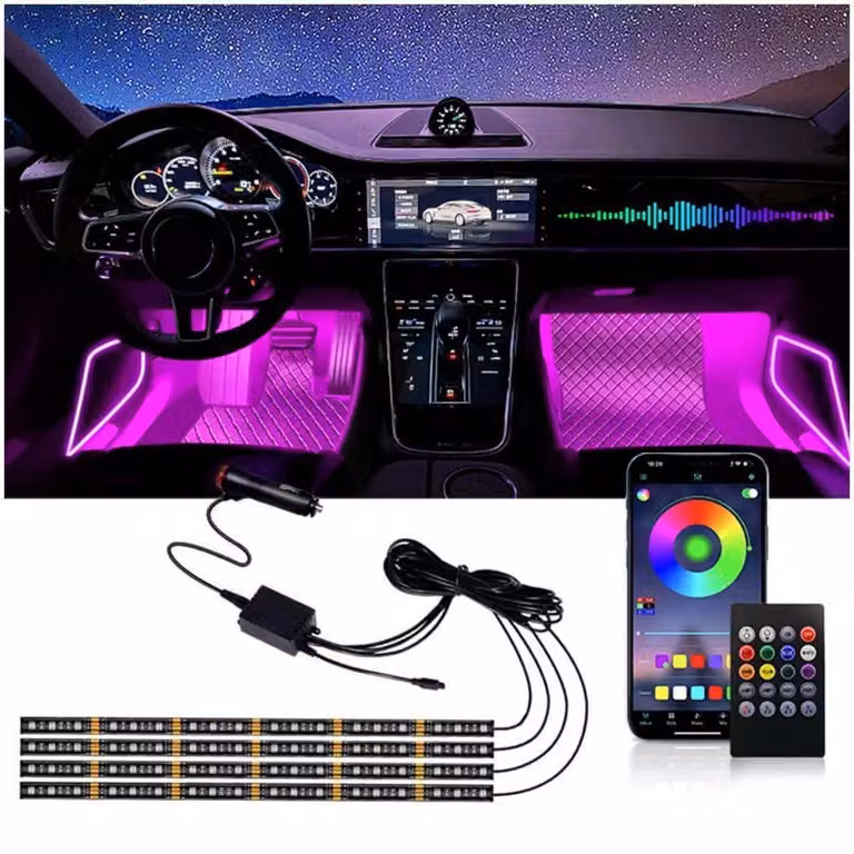 Kit di illuminazione interna per auto a LED, composto da 4 luci, con 72 LED, alimentazione a 12V, impermeabili, controllabili tramite app e telecomando