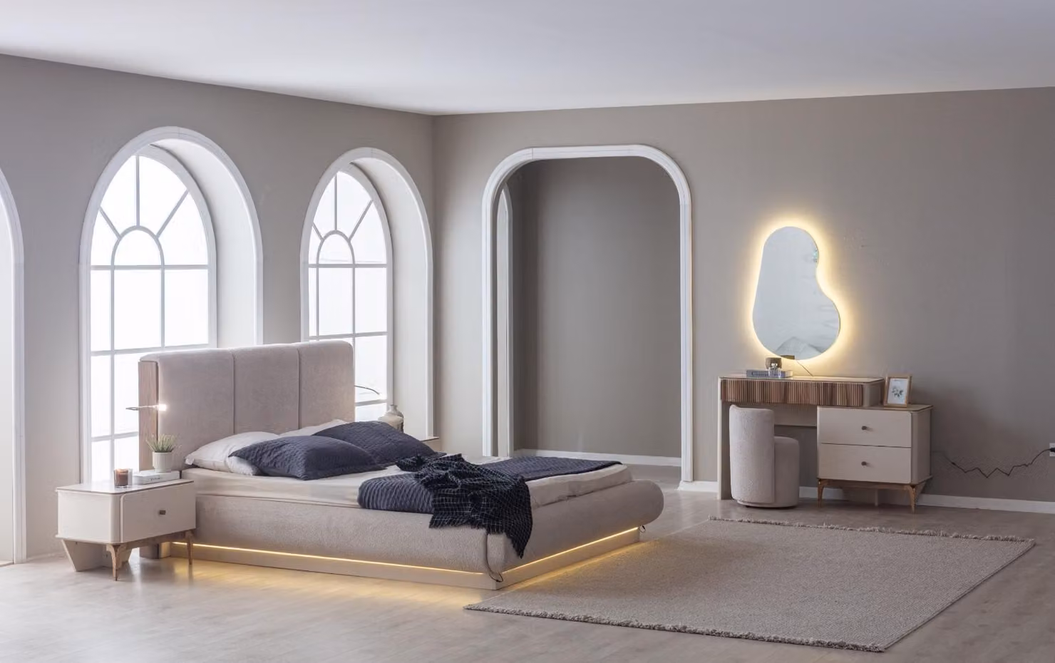 Bett Set mit Nachttisch und Schminktisch für modernes Schlafzimmer