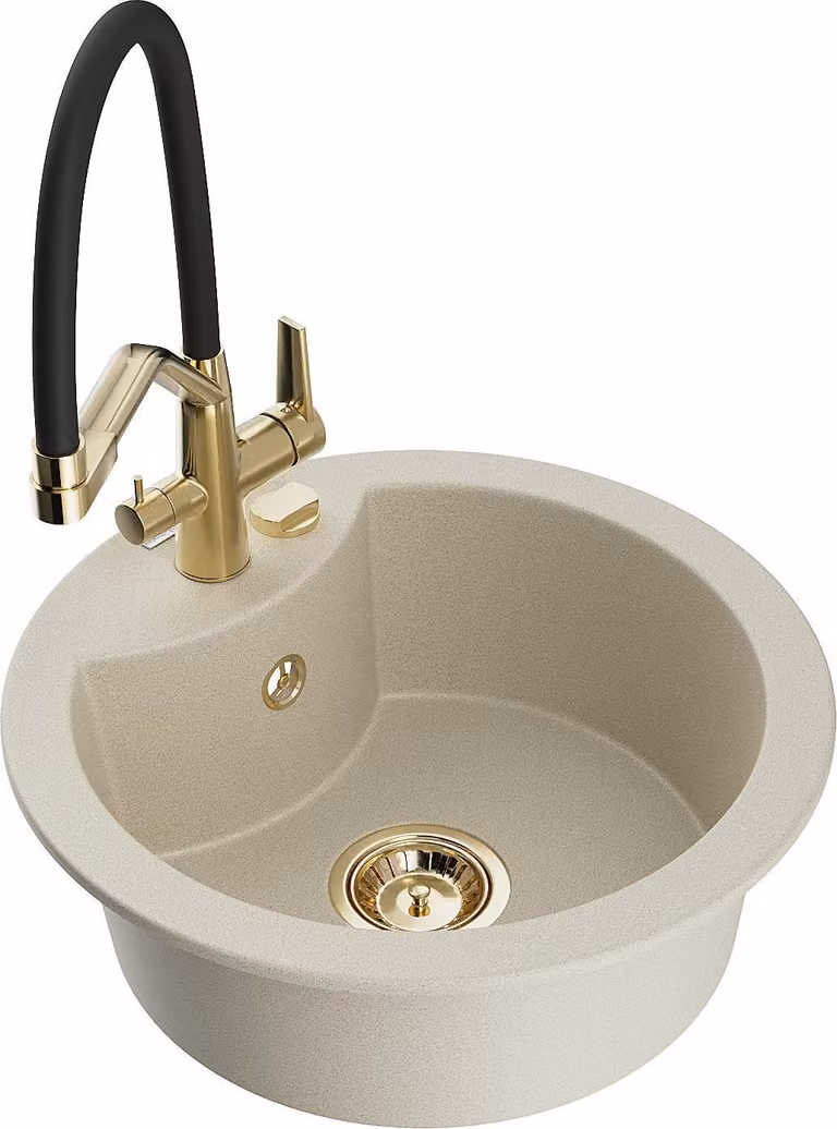 Mexen Diego lavello da cucina in granito a 1 vasca con rubinetto Duo, beige - 6512-69-671701-57-G