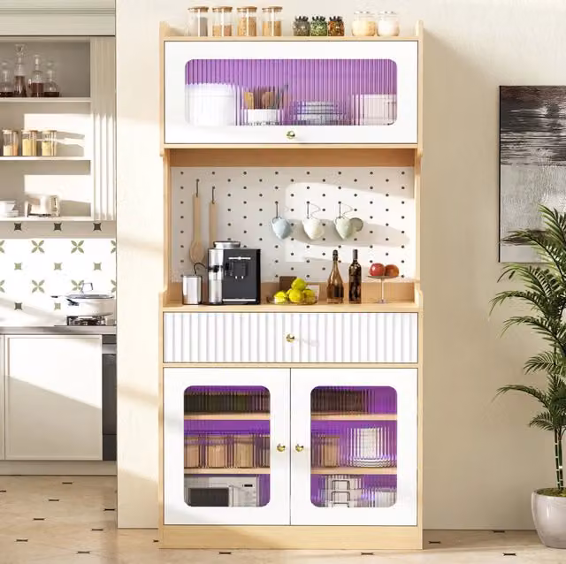 Credenza alta 80x40x180 cm naturale e bianca in MDF con ripiani regolabili