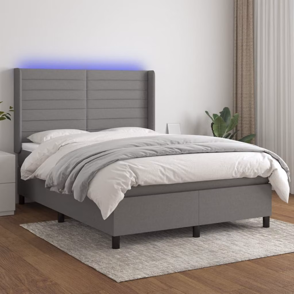 The Living Store Letto a molle con materasso e LED in tessuto grigio scuro 140x200 cm