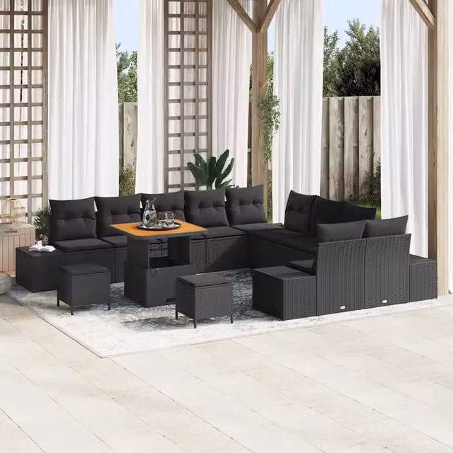 Set Divano da Giardino a Forma di U vidaXL in Polyrattan Nero con Cuscini e Tavolino da Esterno