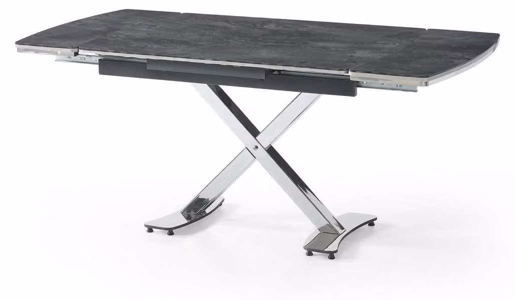 Tavolo da pranzo comodo, grigio, con piano in marmo, allungabile, su ruote, con finitura effetto metallo