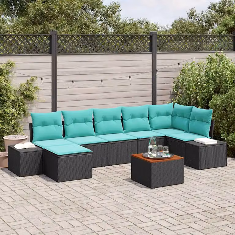 Set Divano da Giardino Moderno vidaXL 8 Pezzi con Cuscini e Tavolino, Struttura in Acciaio e Polyrattan, Colore Nero e Turchese