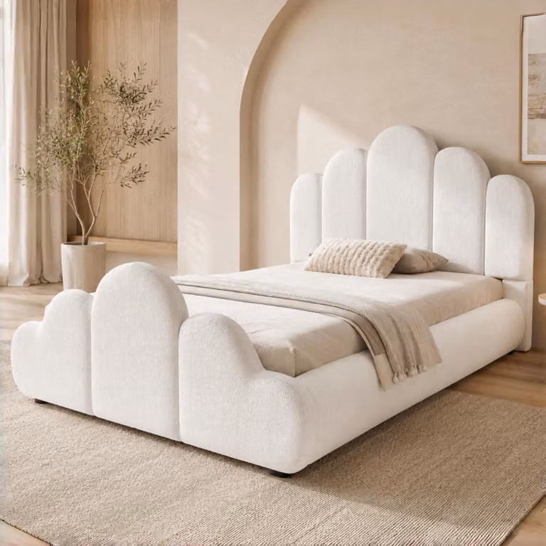 Letto imbottito Flieks, 90x200 cm, con testiera imbottita, letto per ragazzi/bambini con rete a doghe, letto singolo in legno con rivestimento in tessuto bouclé, color beige