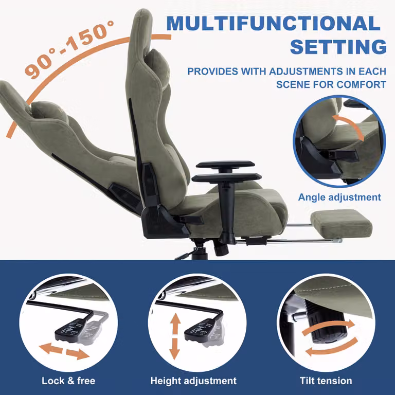 Sedia da gaming ergonomica con poggiapiedi estraibile e schienale regolabile, disponibile in un vivace colore verde