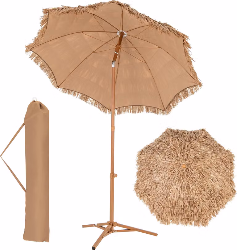 Ombrellone da spiaggia con copertura in paglia da 200 cm, inclinabile di 30°, con 8 stecche metalliche, borsa per il trasporto e base pieghevole, colore naturale