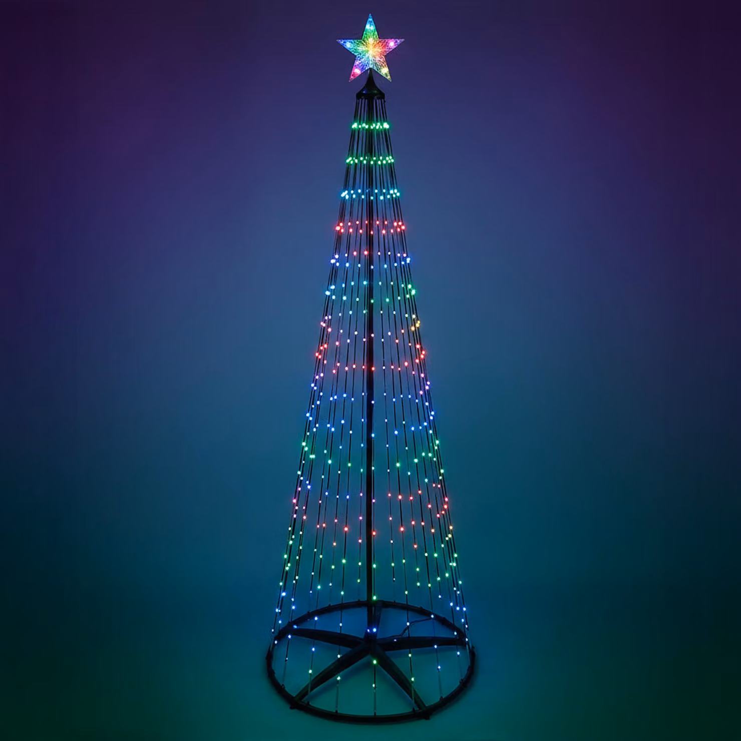 Albero di Natale luminoso con punta a stella, altezza 210 cm, per uso esterno, con telecomando e timer - 370 LED - Albero di Natale in metallo nero, multicolor, con cambio di colore