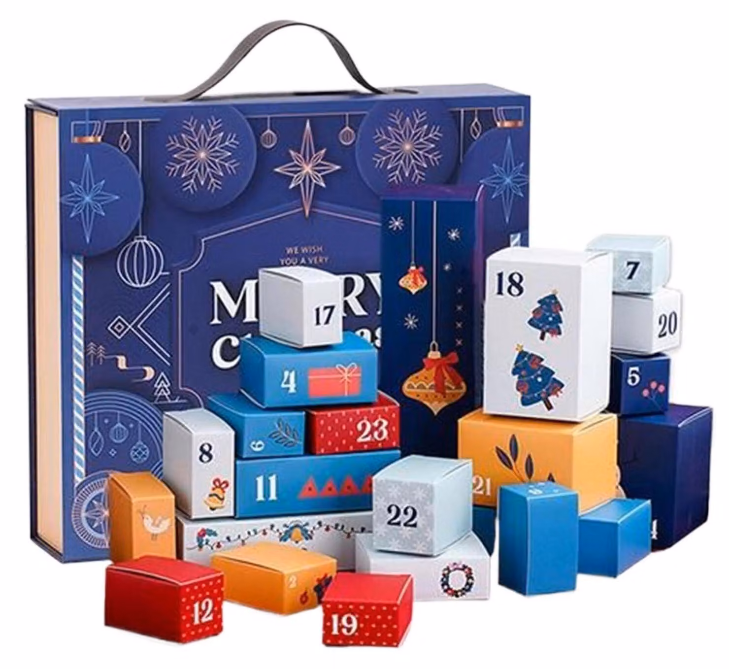 Scatole per calendario dell'Avvento, confezione da 25 pezzi, da riempire. Colore blu, design con fiocchi di neve olografici. Cartone da 350 GSM. Calendario di Natale fai-da-te per il 2026