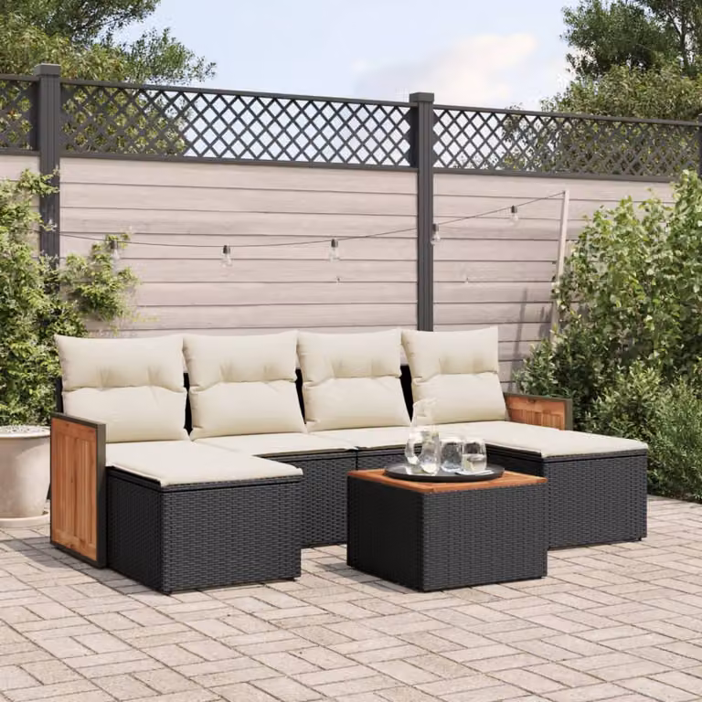 Set Divani da Giardino vidaXL a Forma di L con Cuscini e Tavolino, 7 Pezzi in Polyrattan Nero e Legno di Acacia