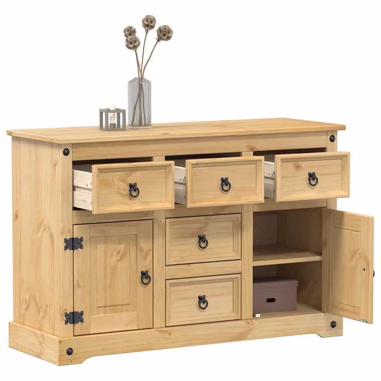 Credenza vidaXL Corona in legno massello di pino cerato, stile rustico, marrone/beige, L 112 x P 40 x H 75 cm