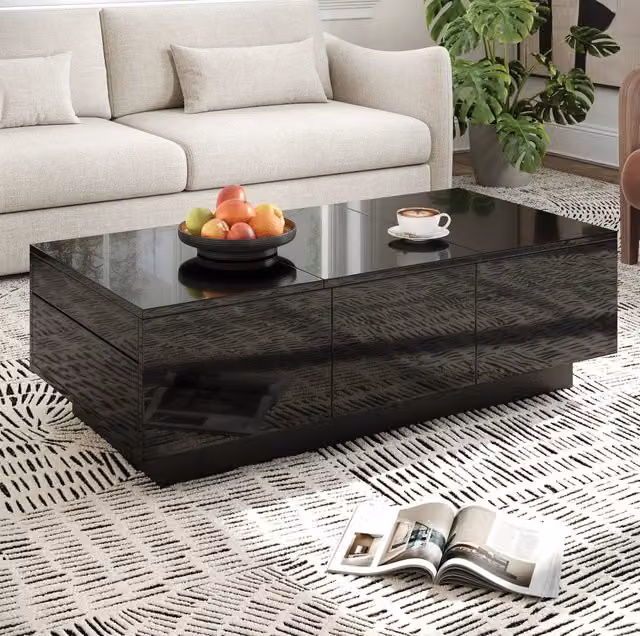 Tavolino da salotto nero a lucido con cassetti e scomparti scorrevoli, 100x31x50 cm, design moderno con ampio spazio di stoccaggio
